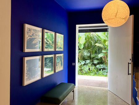Espaço com paredes pintadas de azul, quadros na lateral esquerda e porta ampla que dá para um jardim